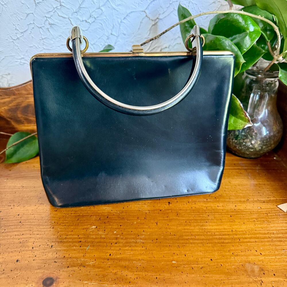 Vintage Black Structured Handbag Gold Frame Top Handle Purse 50s/60s Mod Kelly
